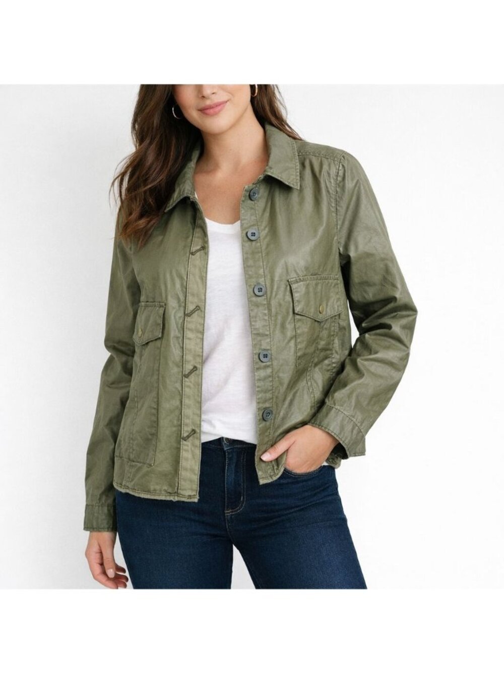 Anthropologie Hei Hei Coated Cotton Twill Utility Swing Jacket Olive Green M